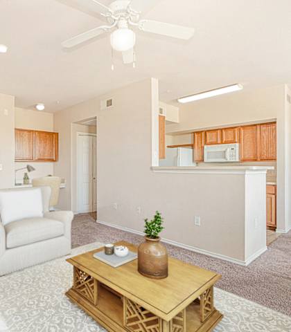 Living Room With Kitchen at The Cesera 55+ Apartments, Garland, TX