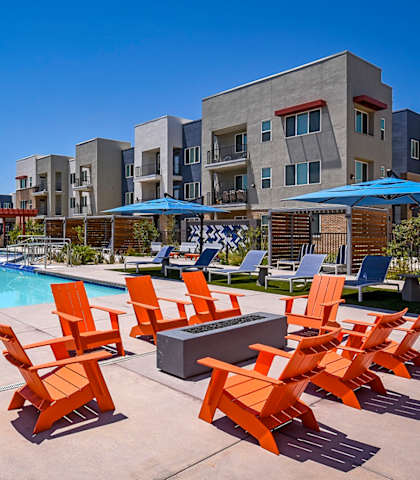 our apartments have a pool and lounge chairs at Aviara Flats, Phoenix