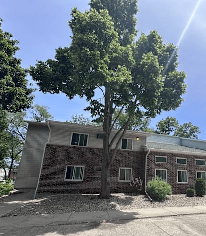 A house with a tree in front of it.