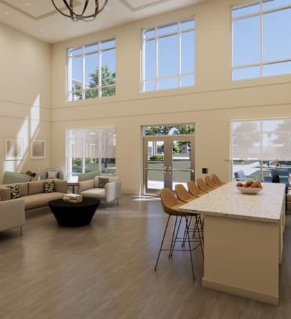 A spacious living room with a dining area and a kitchen.