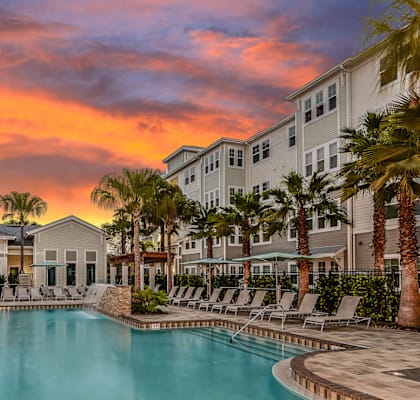 a swimming pool with chaise lounge chairs and palm trees with a sunset in the background at Epic at Gateway in Pinellas Park 33782