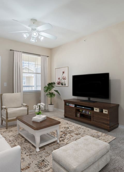 a living room with a couch and a tv at Rosemont at Mayfield Villas, Arlington, Texas