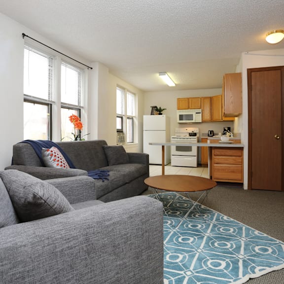 A grey couch with a blue throw pillow sits in a living room with a kitchen in the background.