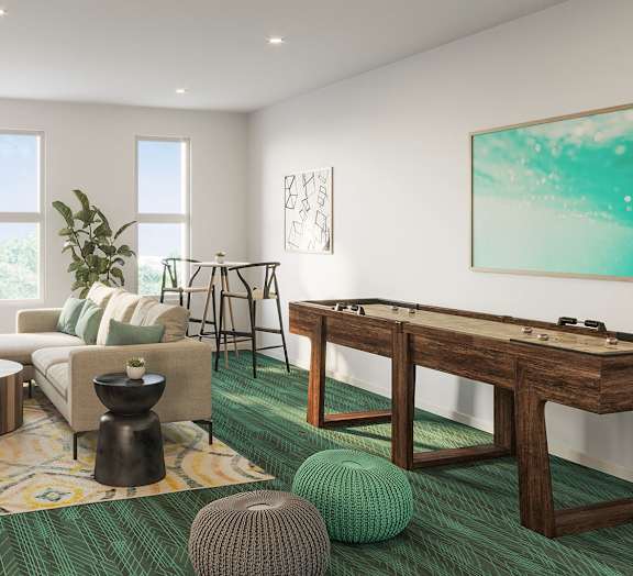 a rendering of a living room with a pool table