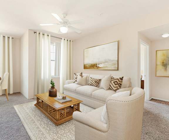 _Virtually Staged Apartment Home Living Room at The Cesera 55+ Apartments, Texas, 75040