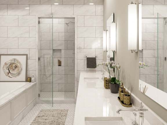 a white bathroom with a tub and a shower and a sink and a mirror