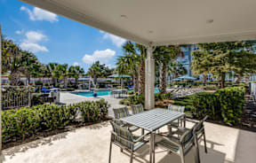A patio with a table and chairs overlooking a pool.