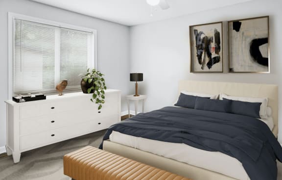 a bedroom with a bed and a dresser and a window
