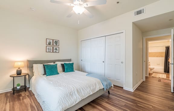 a bedroom with a large bed and a ceiling fan at Capitol Crossing, Texas, 78744