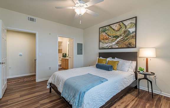 a bedroom with a large bed and a ceiling fan at Capitol Crossing, Texas, 78744