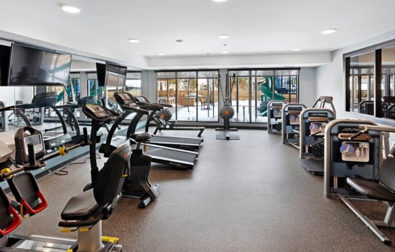 a gym with cardio equipment and windows in a building at Millberry Apartments, Minnesota, 55114