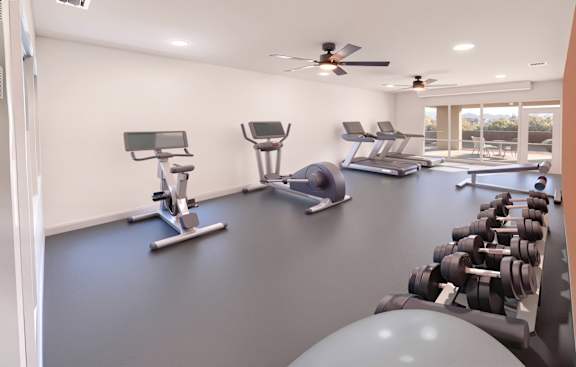 A spacious home gym with a variety of equipment including treadmills, stationary bikes, and dumbbells.