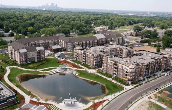 Aerial Exterior at The Landings at Silver Lake Village, St. Anthony, 55421