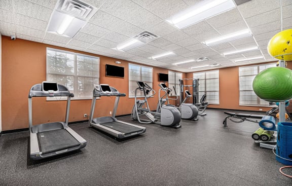 a gym with cardio equipment and weights in a room with windows at Pine Tree Apartments, Omaha, 68114