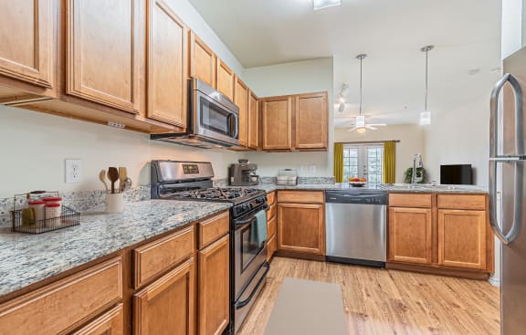Furnished Kitchen at Mariposa at Spring Hollow Saginaw 55+ Apartments, Texas, 76131