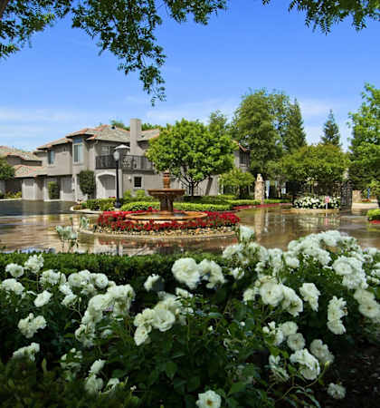 Shimmering courtyard with fountain, Le Provence at the Dominion, Fresno
