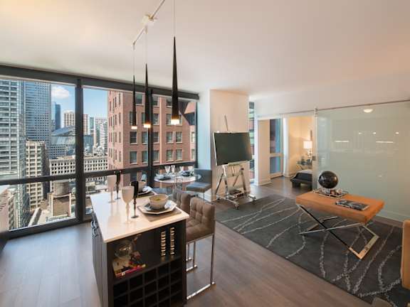 Model Living Room with Views at 73 East Lake, Chicago, IL