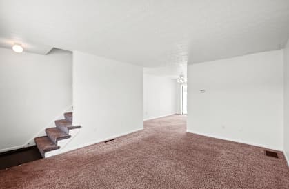 A room with a staircase and carpeted floor.