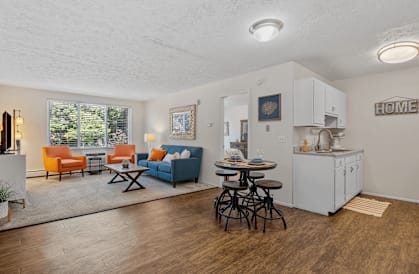 a living room with a couch a table and a chair and a kitchen with a sink and