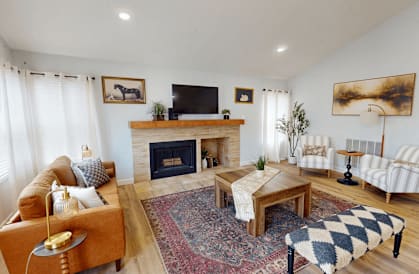 A living room with a fireplace and a television.