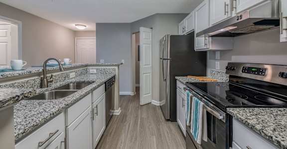 A kitchen with granite countertops and stainless steel appliances at The Village Apartments, Raleigh, NC, 27615