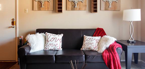 A black couch with two pillows and a red blanket on it.