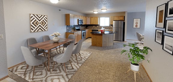 a spacious living room with a dining room table and chairs