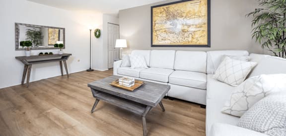 A living room with a white couch, a coffee table, and a framed map on the wall.