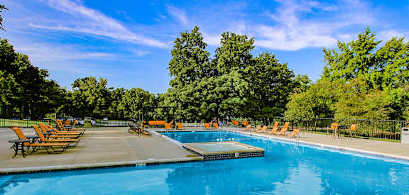 A large swimming pool surrounded by trees and lounge chairs.