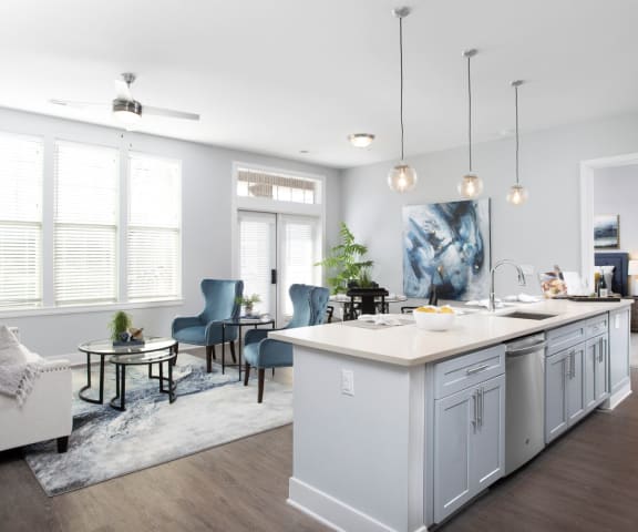 Open kitchen with living room at St Mary's Square North Apartments, Raleigh, 27605