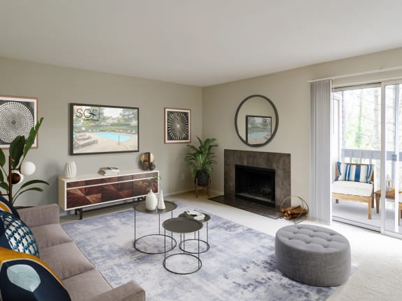 a living room with a couch and a fireplace