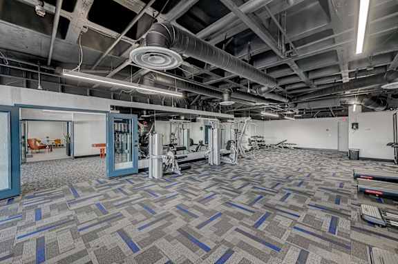 A large, empty room with a grey carpet and a concrete floor.