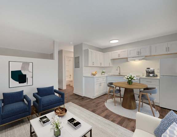 A white kitchen with a washing machine in the corner.