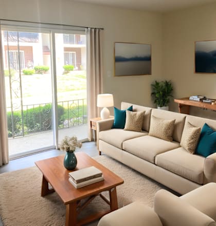 A living room with a white couch, a wooden coffee table, and a flat-screen TV.