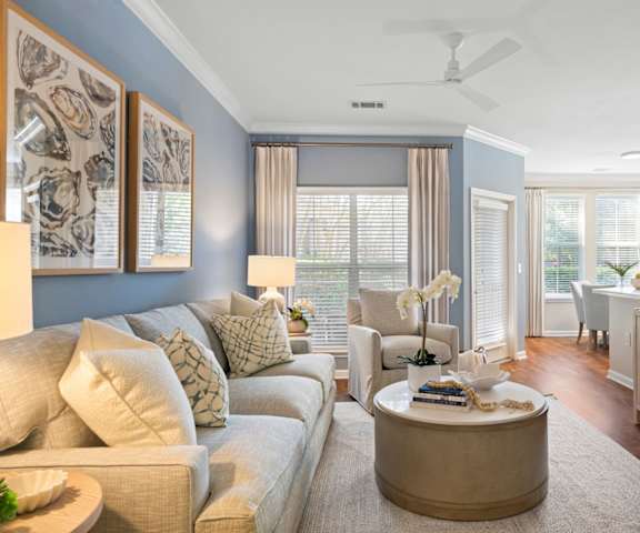 a living room with blue walls and a couch and a table at Sweetgrass Landing, South Carolina