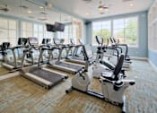 Thumbnail 6 of 7 - A gym with treadmills and elliptical machines.