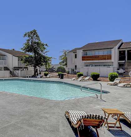 our apartments have a swimming pool and a patio with chairs