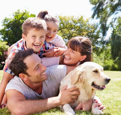 A family spending time together with their dog in a park.