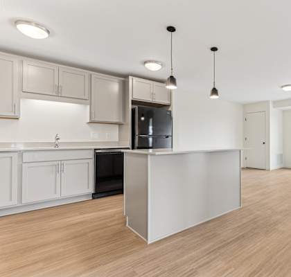 A kitchen with a white countertop and wooden flooring.