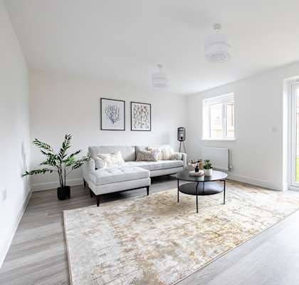 a living room with a couch and a chair and a rug
