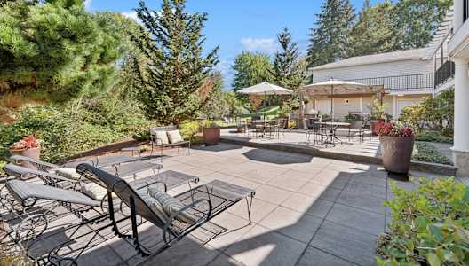 the backyard has a patio with chairs and umbrellas