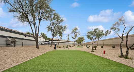a green lawn in front of a building with trees and grass