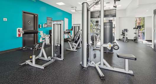 A fitness center with a variety of equipment including a squat rack, a leg press machine, and a bench press.
