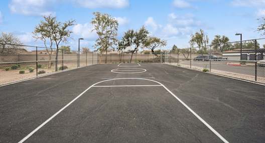 an empty basketball court in a park with trees