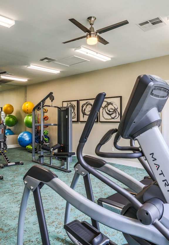 A gym with a variety of equipment including treadmills, weights, and exercise balls.