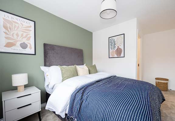 a bedroom with green walls and a bed with a blue and white blanket