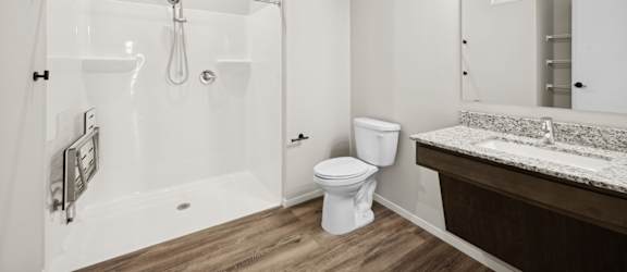 A white bathroom with a wooden floor and a walk-in shower.