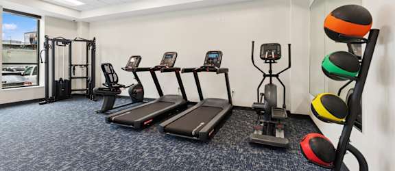 A gym with treadmills, exercise bikes, and weight training equipment.