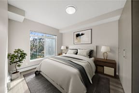 a bedroom with a bed and a window