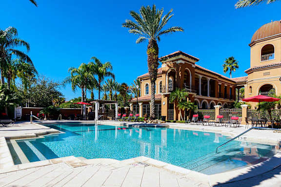 Resort-style swimming pool with palm trees and lounge seating.
